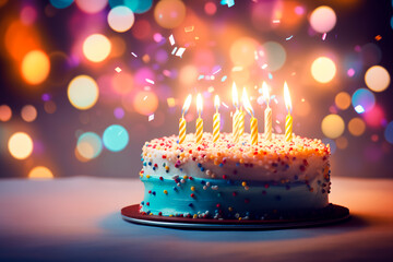 Colorful birthday cake with lit candles, surrounded by confetti and festive lights. - obrazy, fototapety, plakaty