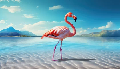 Zelfklevend Fotobehang flamingo on the beach and waters surrounding mountains © terra.incognita