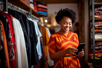 Fototapeta premium Happy woman using her smartphone while shopping in a fashion store, surrounded by stylish clothing.