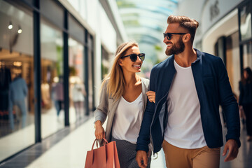 Cheerful couple shopping in a modern mall, enjoying a day out together with style and smiles.