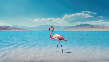 flamingo on the beach and waters surrounding mountains