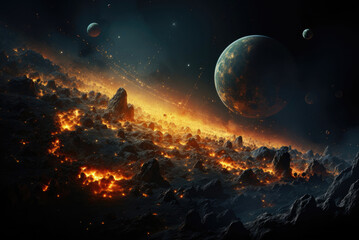 Fototapeta na wymiar Fantastic landscape of a lifeless incandescent planet with stars in space