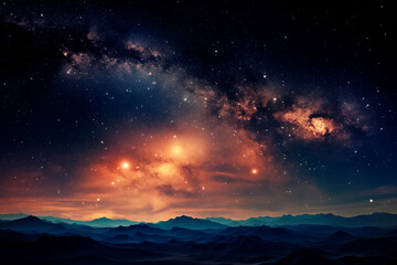 Fototapeta premium Milky Way galaxy above mountains, with orange and blue hues creating a cosmic scene.