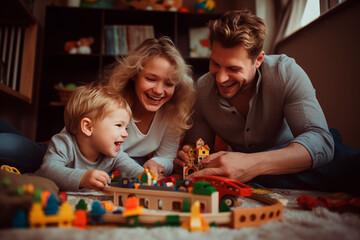 Father and daughters smiling and enjoying an educational playtime with wooden toys together. - obrazy, fototapety, plakaty