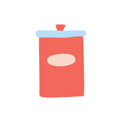 Cartoon Red Cute Iron Jar Kitchen Icon Concept Flat Design Style Metal Canister for Tea, Coffee or Candy. Vector illustration