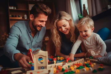 Fototapeta premium Father and daughters smiling and enjoying an educational playtime with wooden toys together.