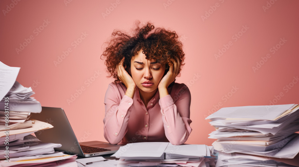 Wall mural stressed woman, sitting at a desk, holding her head in her hands against pink background