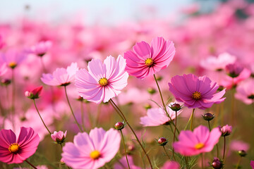 Fototapeta premium Field of pink and white cosmos under a blue sky with scattered clouds