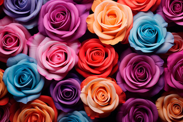 A vibrant array of multicolored roses with intense saturation and fine detail.