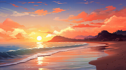 A tranquil beach at sunset with red sky