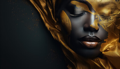 black painted woman's face with gold details, in the style of photorealistic accurac