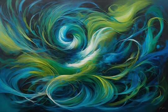 Dynamic swirls of emerald green and electric blue create a sense of energy and movement in this abstract oil painting.