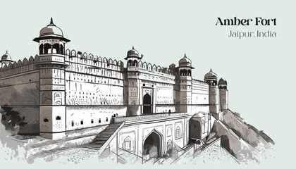 Hand drawn sketch illustration of Amber Fort, landmark of amber fort Jaipur, India - obrazy, fototapety, plakaty