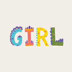 Cartoon Color Girl Word Comic Dino Alphabet Flat Design Style. Vector illustration of Cute Dinosaur Hand Drawn Letters