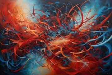 An exploration of balance and chaos, this abstract oil painting features dynamic bursts of fiery reds and cool blues, 