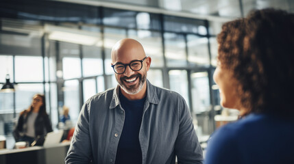 Smiling men in business casual attire with glasses are engaged in a friendly conversation in a modern office setting - obrazy, fototapety, plakaty