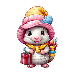 Sticker isolated cute cartoon armadillo wearing a pink hat with gift boxes. Transparent background. Generative AI