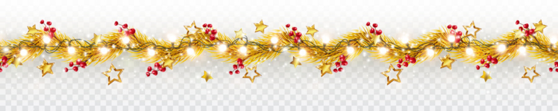 Border with golden fir branches, gold stars, red berries, lights isolated on transparent background. Pine, xmas plants seamless banner. Vector holiday Christmas tree garland decoration