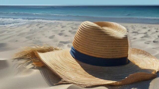 Closeup of straw hat laying on the sand on tropical beach with blurred ocean on background. Summer vacancy concept.