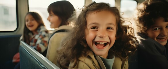 Interior of the school bus, happy and Joyful children. generative AI - obrazy, fototapety, plakaty