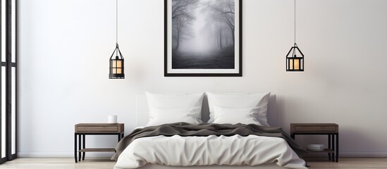 A monochromatic poster on the headboard of a plain bedroom accompanied by a lantern on a bedside table