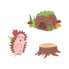 Cartoon Character Hedgehog and Burrow Concept Element Flat Design Style. Vector illustration of Mascot