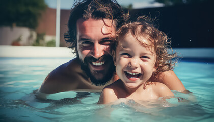 Father with son having fun in the pool - Powered by Adobe