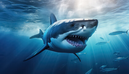 Great white shark in blue sea