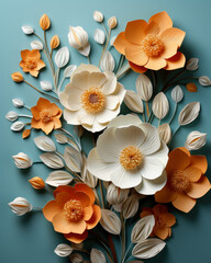 Spring blossoming paper flowers in various harmonious colors, creatively arranged, with soft, gentle, and complementary hues.