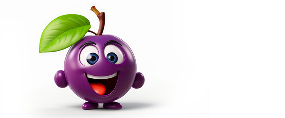 Plum with a cheerful face 3D on a white background.
