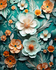 Fototapeta premium Spring blossoming paper flowers in various harmonious colors, creatively arranged, with soft, gentle, and complementary hues.