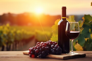 Red wine and bottle on wooden table with grape vines on blurred sunset vineyard landscape. Production at winery. Generative AI