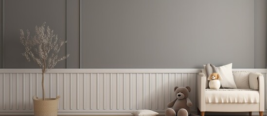 Modern gray nursery design with blank wall in an apartment building