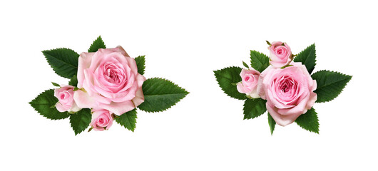 Set of floral arrangements with pink rose flowers and green leaves isolated on white or transparent background