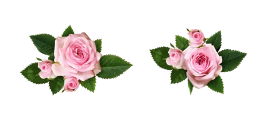 Fototapeten Set of floral arrangements with pink rose flowers and green leaves isolated on white or transparent background © Ortis