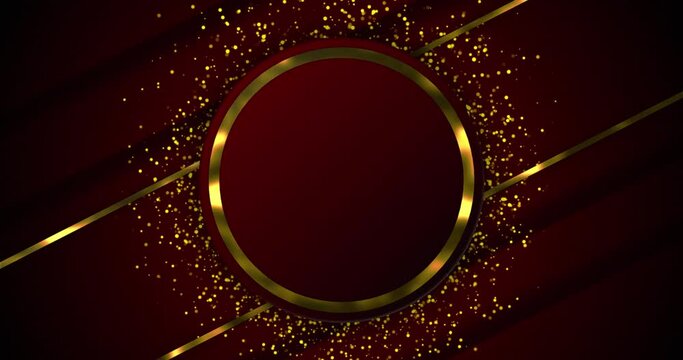 Abstract red background with luxury golden elements. Golden circular ring over golden dust particle seamless loop motion gradient background.