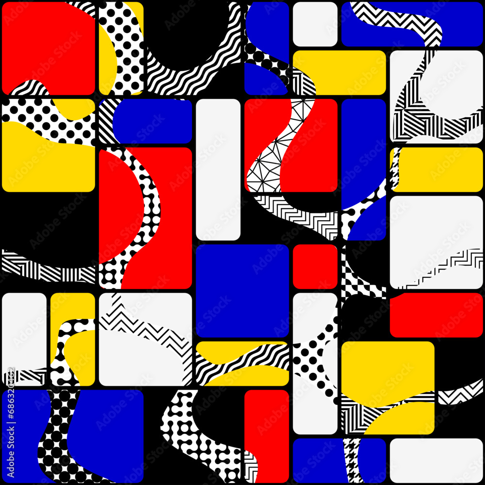 Poster Seamless vector image. Abstract geometric Pop art style pattern. Mondrian style patchwork pattern.