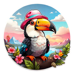 Sticker isolated cute cartoon toucan wearing a pink hat on nature background. Transparent background. Generative AI
