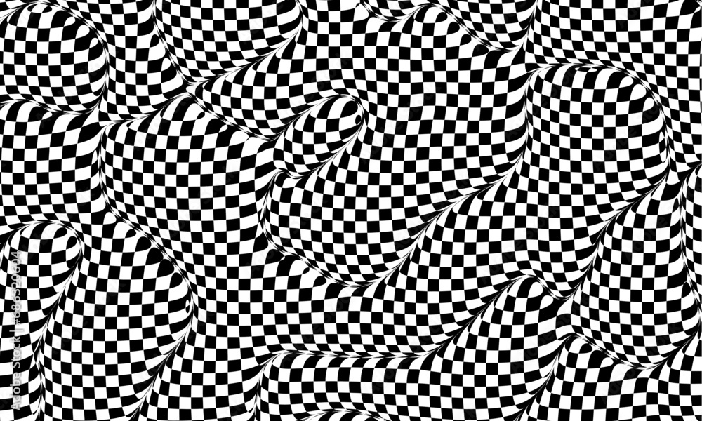 Poster Abstract wavy 3d mesh. Geometric dynamic wave. Distorted square grid. Warped mesh texture. Wireframe wave geometry grid. Vector illustration