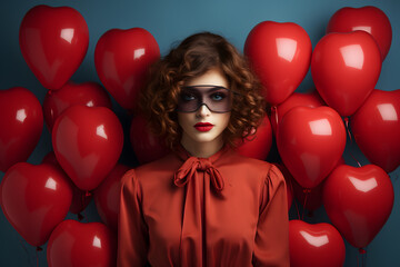 Portrait of a young woman with heart-shaped balloons in the background. Valentine's day concept. Romantic background. 