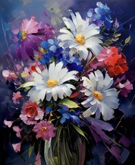 a painting of flowers on a dark background