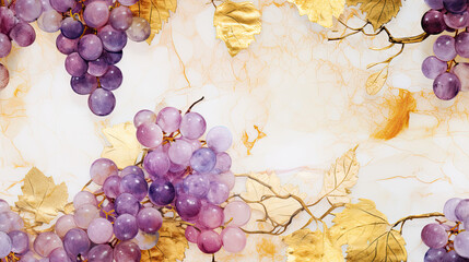 Grapes in purple and gold with textspace Seamless alcohol ink illustration you van repeat on all sides.  - obrazy, fototapety, plakaty