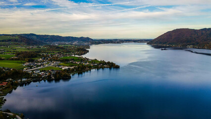 View of the Austrian Traunsee lakes from Ebensee, , Hallstättersee lake and the inner...