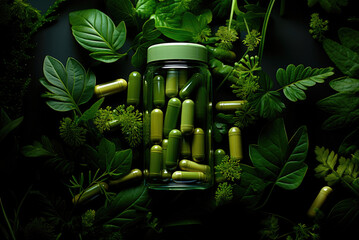 Moringa capsules in a glass jar surrounded by green leaves, top view. Biological food additive