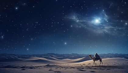 Camel at night in desert with stars, ramadan concept - obrazy, fototapety, plakaty