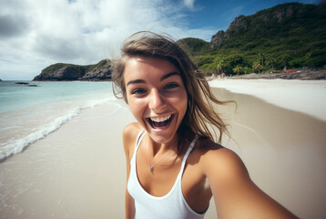 Happy smiling young girl taking selfie portrait on tropical beach