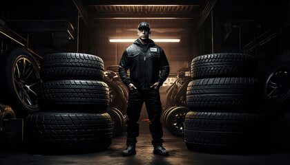 auto mechanic checking tires and rubber treads for safety, concept with car repair. - obrazy, fototapety, plakaty