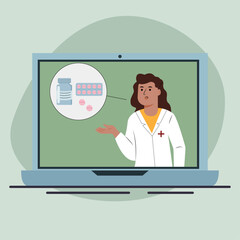 Vector illustration of a girl doctor consulting a patient online