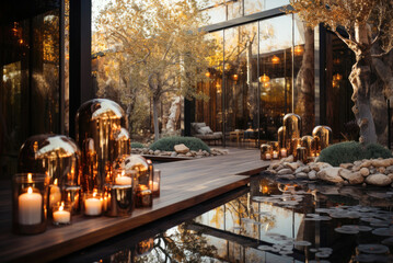 Obraz premium Terrace of the house with powder and burning candles in glass vases
