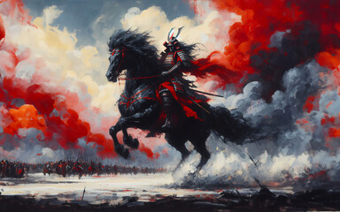 A samurai is riding her horse towards the battlefield.  - obrazy, fototapety, plakaty